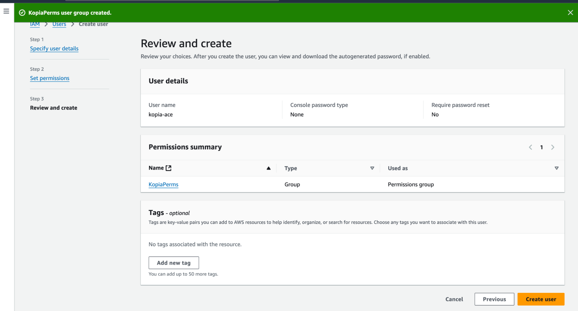 Once configured - create user