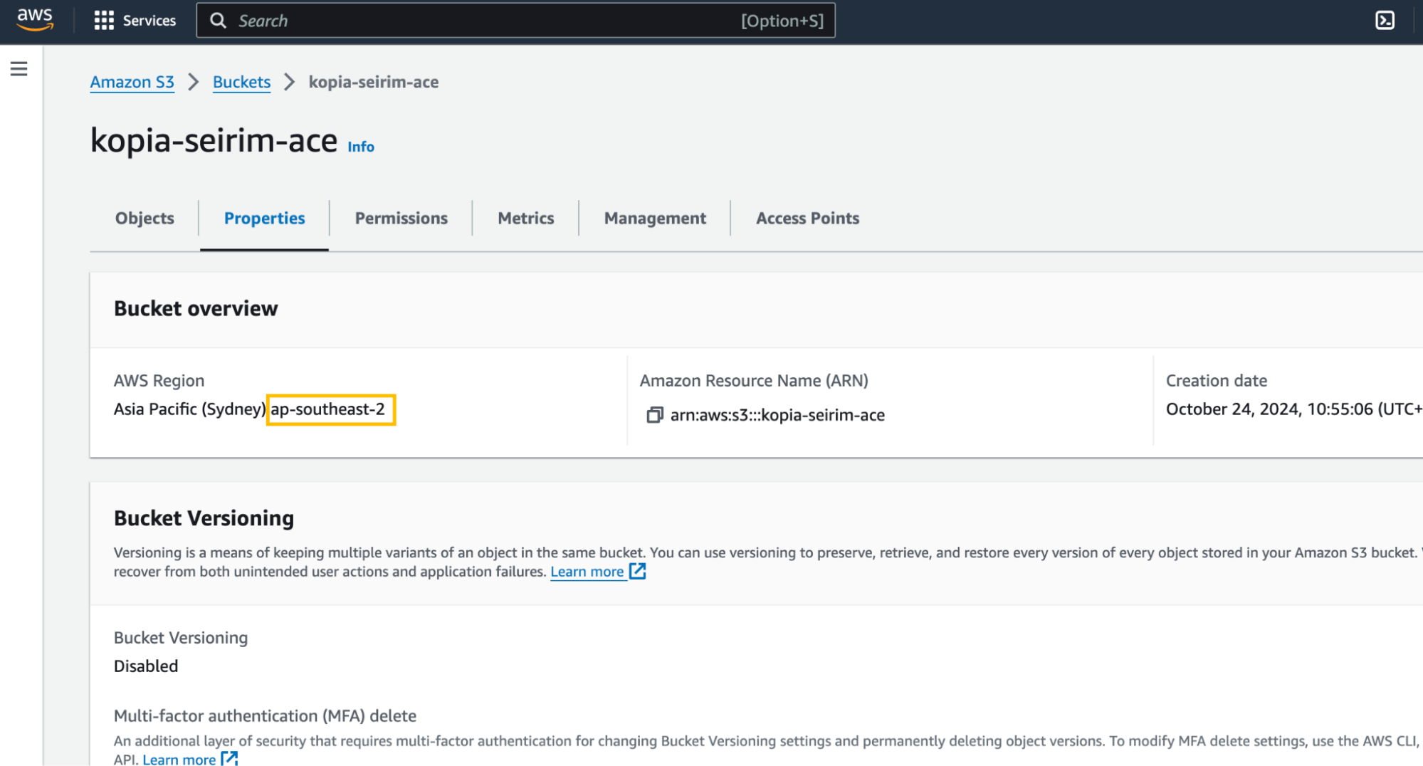 Select a Region in AWS S3 Properties