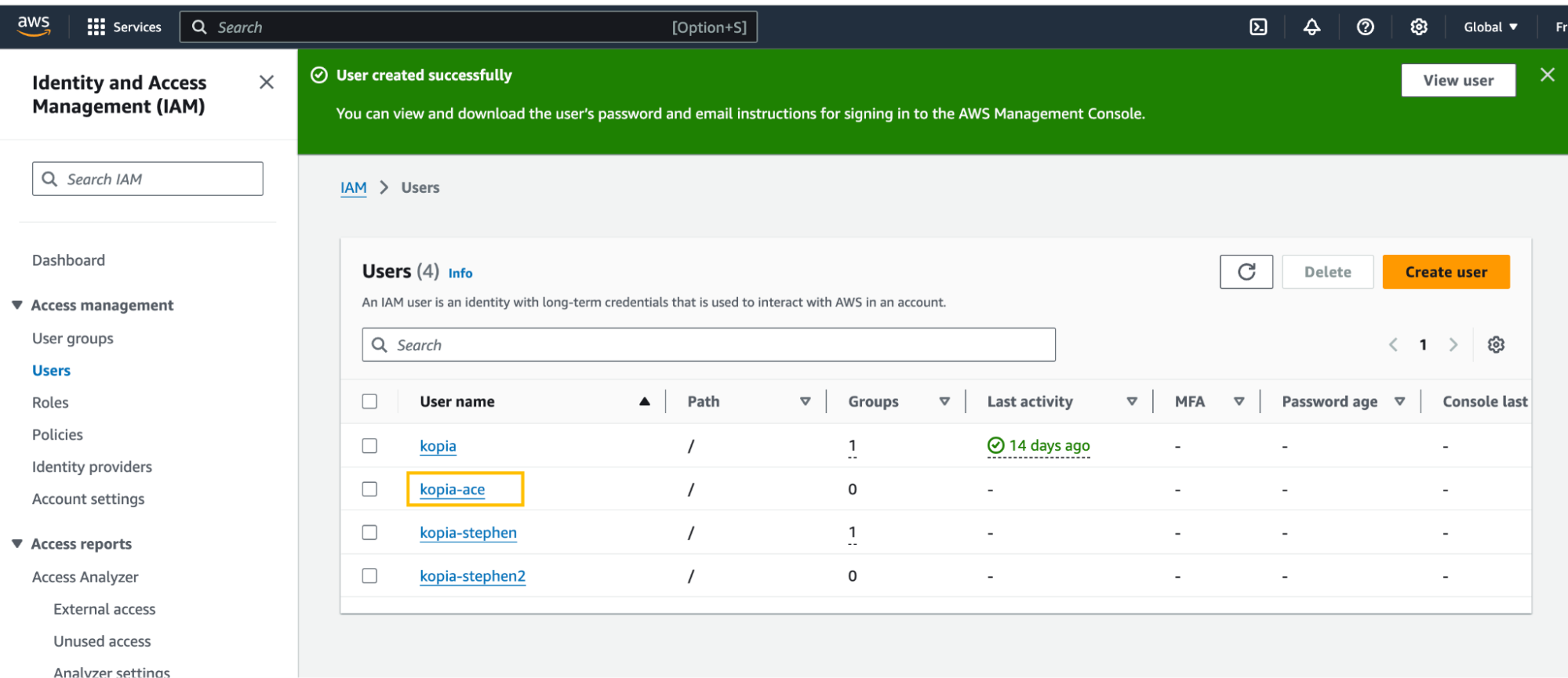 To generate the access key and secret key, navigate to the created user