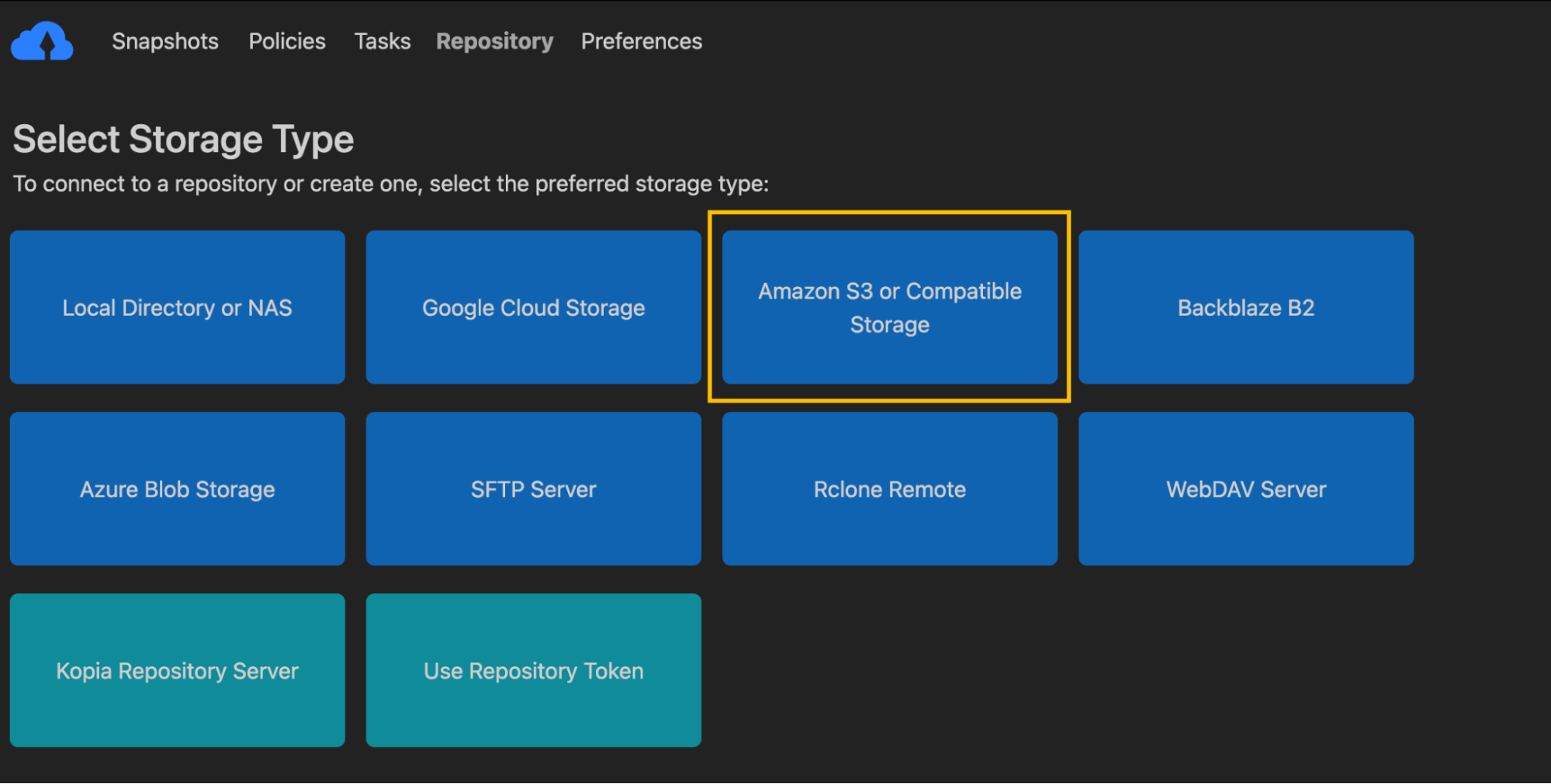 Select a Repository in Kopia with S3 Compatible Storage
