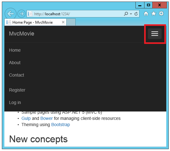 Home, Contact, About, Register and Log in links