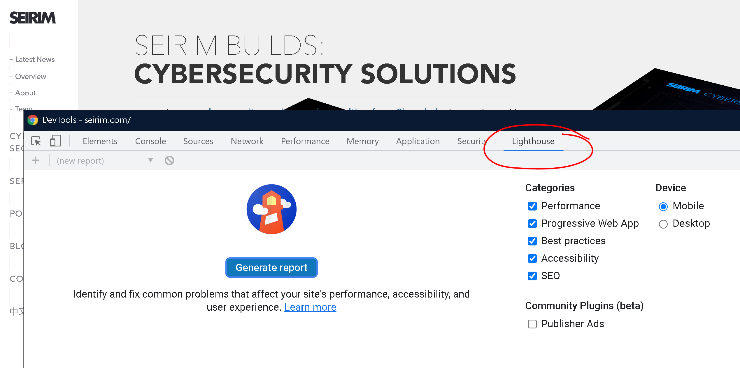 Lighthouse in DevTools